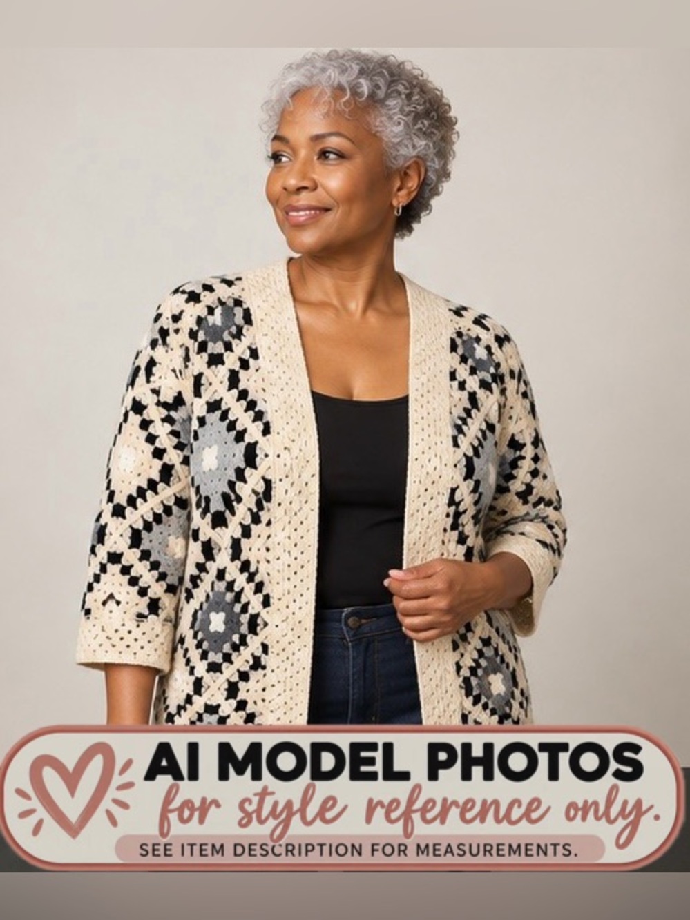 Open Crochet Cardigan Sweater in Cream, Gray & Black